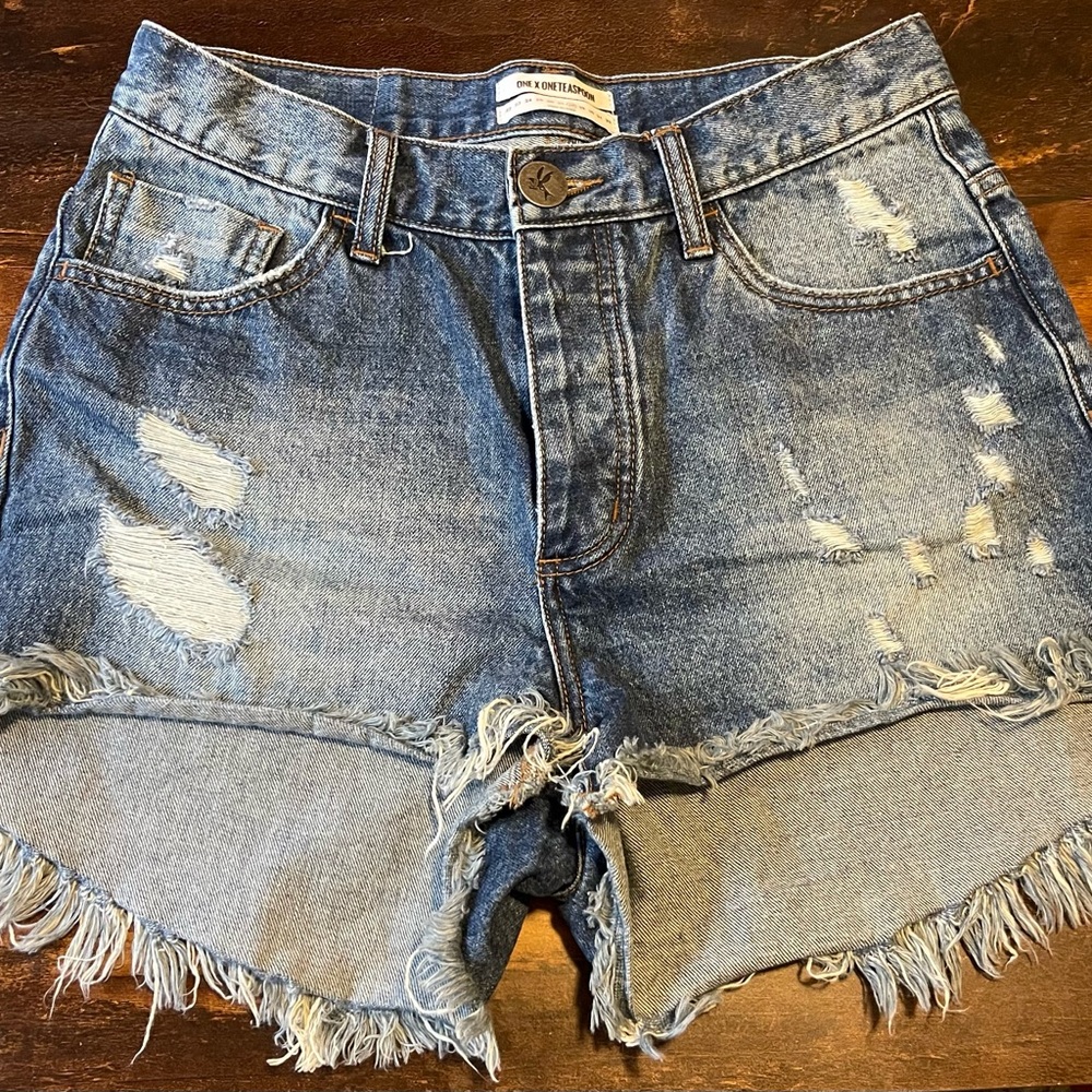 One Teaspoon Blue Jean Shorts High-Waisted Distressed